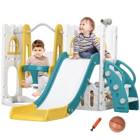 Qaba 6-in-1 Slide and Swing Set Baby Swing Playset Indoor with Basketball Hoop, Climber, Storage Space, Telescope, Yellow(m-9)