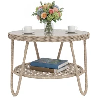 Outsunny Rattan Outdoor Coffee Table, 2-Tier Small Garden Side Table with Storage Shelf, Tempered Glass Top, Adjustable Footpads(m-9)