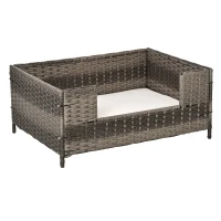 PawHut Rattan Pet Bed Raised Wicker Dog Sofa for Doggy and Cat Indoor & Outdoor with Soft Washable Cushion Grey(m-1)