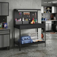 HOMCOM Workbench with LED Light and Power Strip, 43" Heavy Duty Work Table with Pegboard and Drawers for Garage Workshop, Black(m-1)