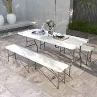 Outsunny Folding Picnic Table with 2 Benches, 3-Piece Portable Outdoor Picnic Table Bench Set for 6, Patio Dining Table Set with Plastic Top, Steel Frame for Garden, White(m-1)