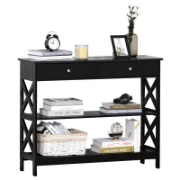 HOMCOM 39" Console Table, Narrow Entryway Table with Storage Shelves, Drawers and X Frame for Behind Couch, Living Room, Hallway, Black(m-11)
