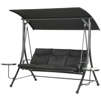 Outsunny 3 Seat Outdoor Swing Chair Steel Swing Bench Porch Swing With Adjustable Canopy & Coffee Tables & Cushion for Patio Garden, Black(m-2)