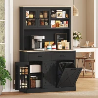 HOMCOM 69" Kitchen Pantry Cabinet with Charging Station Kitchen Cabinet with Microwave Stand 7 Gallon Trash Can Cabinet Black(m-1)