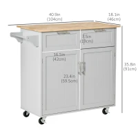 HOMCOM 41" Kitchen Island with Storage and Solid Wood Top, Rolling Kitchen Cart on Wheels with 2 Storage Drawers, 2 Doors and Towel Rack for Dining Room, Grey(m-3)