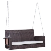 Outsunny 2-Person Patio Porch Swing Chair, Outdoor Rattan Hanging Bench with Cushion & 7.2 ft Steel Chains, Beige(m-2)