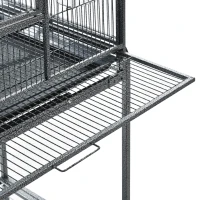 PawHut Large Rolling Metal Bird Cage Bird House with Detachable Rolling Stand, Storage Shelf, Wood Perch Food Container - Black(m-10)