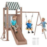 Qaba 4-in-1 Kids Swing Set for Playground with Slide, Covered Fort, Climbing Ladder, Ground Stakes, for Kids Ages 3-8, Brown(m-9)