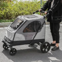 PawHut Pet Stroller Foldable Dog Cat Carriage with Adjustable Handlebar Rear Door EVA Wheel Brake Storage Bag Mesh Window Safety Leash Grey(m-10)