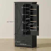 HOMCOM Farmhouse Kitchen Pantry Storage Cabinet, 64" Freestanding Kitchen Pantry Cabinet with Drawers, Distressed Black(m-3)