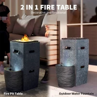 Outsunny 16.5" x 11" x 22.4" Propane Fire Pit Table with Fountain, 15000 BTU Outdoor Gas Fire Table with LED Light Adjustable Water Flow, Fire Fountain Water with Glass Rocks, Grey(m-4)
