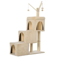 PawHut 3- Levels Plush Cat Tree Tower Ladder Shape Activity Center with Sisal Scratching Posts 3 Condos Funny Sticks and Balls, Beige(m-10)