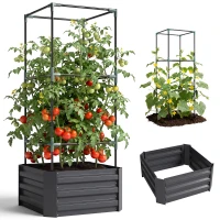 Outsunny Galvanized Planter Box, 24" x 24" x 55" Raised Garden Bed with Tomato Cage for Climbing Vines, Dark Gray(m-11)
