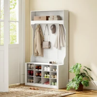 HOMCOM 4-In-1 Hall Tree with Bench and Shoe Storage, Farmhouse Coat Rack Shoe Bench with 12 Shoe Cubbies, 6 Hooks, White(m-7)
