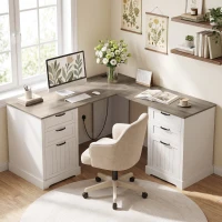 HOMCOM L Shaped Computer Desk with Power Outlets & USB Charging, Corner Desk with 6 Drawers, Hanging Bar, Brown and White(m-1)