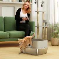 PawHut Stainless Steel Litter Box, XL High Sided Cat Litter Box with Scoop, Anti Leakage & Easy to Clean, 24" x 16" x 12", Grey(m-8)