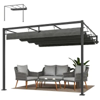 Outsunny 10' x 10' Retractable Pergola Canopy, Wall-Mounted Pergola, Outdoor Sun Shade Shelter for Garden, Balcony, Dark Grey(m-2)