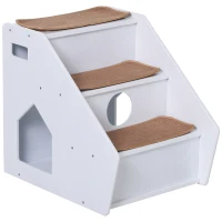 PawHut 3-Step Pet Stairs for Dogs and Cats with Built-in House and Nonslip Carpet, White(m-11)