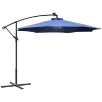 Outsunny 10ft Cantilever Solar Hanging Offset Umbrella Outdoor LED Lights Aluminum Market Banana Parasol Crank w/ Cross Base Garden Sun Shelter Blue(m-11)