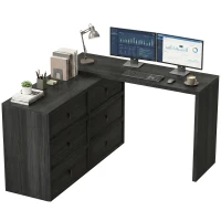 HOMCOM L Shaped Computer Desk Home Office Desk with 6 Drawers Black Wood Grain(m-9)