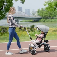 Aosom Tricycle for Toddler 6-in-1 Kids Trike, Foldable Converts Stroller to Baby Push Bike, Adjustable Backrest with Detachable Guardrail & Handle, Brake for 1-4 Years Old, Grey(m-8)