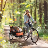 Aosom 2-in-1 Bike Trailer for Kids, Foldable 2-Seat Baby Stroller with 5-Point Harness, Rubber Wheels, Storage Bag, Orange(m-1)