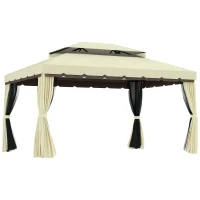 Outsunny 9.5'x13' Soft-top Aluminum Gazebo Deck Canopy Double Tier Garden Shelter with Netting and Curtains, Cream White(m-2)
