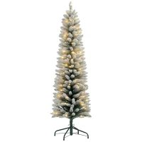 HOMCOM 6ft Artificial Prelit Christmas Tree with Warm White LED Light, Snow Flocked Branches, Metal Base, Pencil Xmas Tree(m-9)