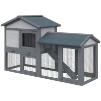 PawHut 58" Large Rabbit Hutch Outdoor Indoor, Wooden Bunny Hutch, Guinea Pig Cage with Run, Removable Tray, Dark Gray(m-13)