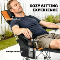Outsunny Set of 2 Reclining Camping Chair with Foot Rest, Folding Camping Chair w/ Headrest, Cup Holder, Storage Bag, Orange(m-5)