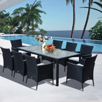 Outsunny 9pcs Garden Rattan Dining Set Patio Wicker Furniture 8 Armchair 1 Table Cushioned Seat Outdoor All Weather Sectional Black(m-8)