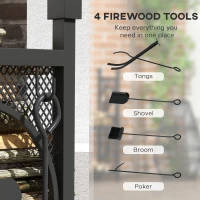Outsunny 2-Tier Firewood Rack with Shovel, Broom, Poker, Tongs, Side Hooks, Log Holder for Fireplace, Outdoor Indoor Wood Storage Stacker, 21.7" x 12.6" x 30.3", Black(m-5)