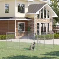 PawHut Dog Kennel Outdoor Galvanized Chain Link Fence Heavy Duty Pet Run House Chicken Coop with Secure Lock Mesh Sidewalls for Backyard Garden Silver, 13' L x 13' W x 5.9' H(m-2)