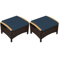 Outsunny 2 Pieces Wicker Outdoor Ottoman with Removable Cushion, Rattan Outdoor Footstool, Footrest and Side Table, Blue(m-9)