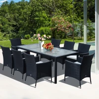 Outsunny 9pcs Garden Rattan Dining Set Patio Wicker Furniture 8 Armchair 1 Table Cushioned Seat Outdoor All Weather Sectional Black(m-1)