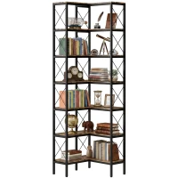 HOMCOM 6-Tier L-Shaped Bookshelf, Freestanding Corner Bookcase with Metal Frame, Rustic Brown(m-9)
