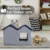 PawHut Double Heated Cat House Portable Indoor/Outdoor Kitty Shelter for Ferral Cat in Winter, Grey(m-7)