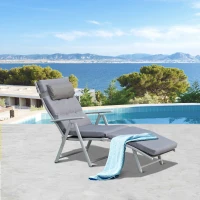 Outsunny Lounge Chair Outdoor, Folding Patio Chaise Lounger, 360 lbs 7-Position Adjustable Back Outdoor Recliner with Cushion, Headrest for Garden, Backyard, Poolside, Grey(m-8)