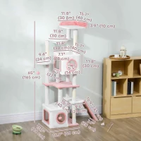 PawHut 65 Inch Cat Tree with 2 Doors Condos, Plush Top Perch, Hammock, Sisal Scratching Posts, 4 Pompoms, Ramp, White(m-3)