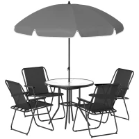 Outsunny 6 Pieces Patio Dining Set with Umbrella, Patio Furniture Set with Folding Chairs, Glass Table for Garden Backyard, Black(m-2)