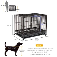 PawHut 42" Heavy Duty Dog Crate Metal Cage Kennel with Lockable Wheels, Double Door and Removable Tray, Brown(m-3)