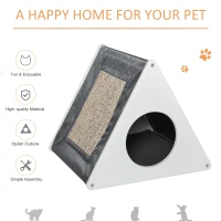 PawHut Wooden Cat House Triangle Shaped Bed Kitten Condo with Removable Cushion, Sisal Scratching Carpet, Grey and White(m-7)