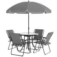Outsunny 6 Pieces Patio Dining Set with Umbrella, Patio Furniture Set with Folding Chairs, Glass Table for Garden Backyard, Grey(m-2)
