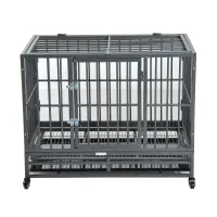 PawHut 36" Heavy Duty Dog Crate Metal Cage Kennel with Lockable Wheels, Double Door and Removable Tray, Gray(m-20)