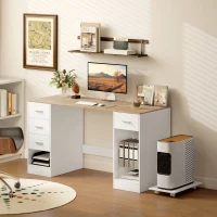 HOMCOM Office Desk, 55" Computer Desk with 4 Reversible Drawers, Mobile PC Stand, Adjustable Shelf, White Wood Grain(m-8)
