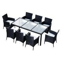 Outsunny 9pcs Garden Rattan Dining Set Patio Wicker Furniture 8 Armchair 1 Table Cushioned Seat Outdoor All Weather Sectional Black(m-2)