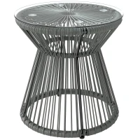 Outsunny Round End Table, Rattan Side Table, Hollow Drum Design Coffee Table w/ Glass Top for Patio, Garden, Balcony, Dark Grey(m-2)