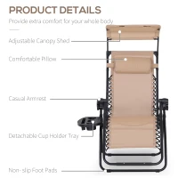 Outsunny Outdoor Zero Gravity Reclining Lounger Chair with Canopy Shade, Side Tray, Cupholder, Beige(m-4)