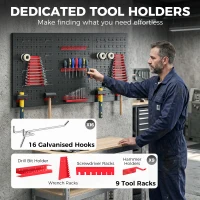 HOMCOM 28 Piece Metal Peg Board with Accessories, Shelf Tool Organizer, Black and Red(m-5)