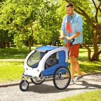 Aosom Dog Bike Trailer, 2 in 1 Pet Stroller Cart Bicycle Carrier, Folding Cart Frame with Suspension, Universal Bicycle Coupler, Reflectors, Flag, Blue(m-8)